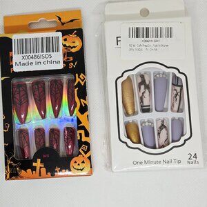 NIB SET OF 2 HALLOWEEN THEME PARTY/DECOR COFFIN STILETTO PRESS ON NAILS 48 TOTAL